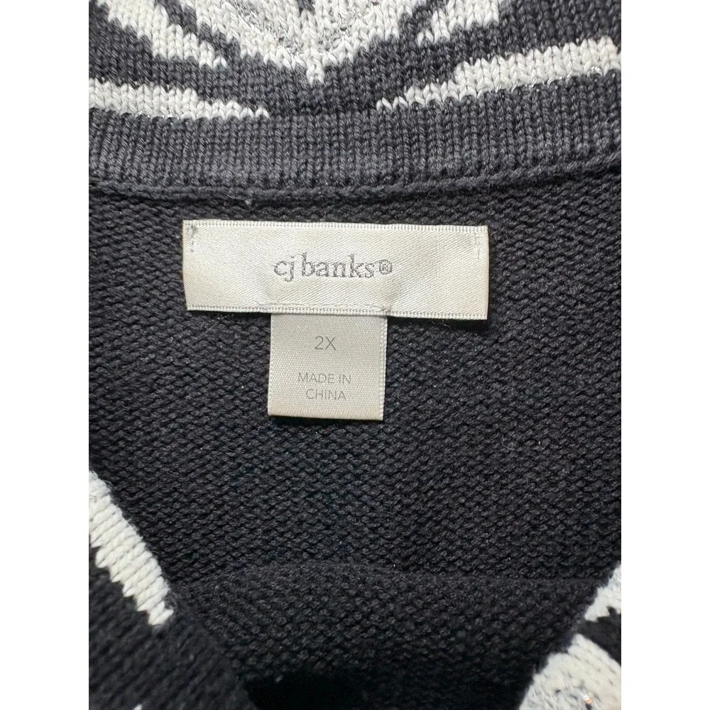 CJ Banks Sweater 2X Fringed Cowl Collar Black White‎ Silver Sparkle Metallic